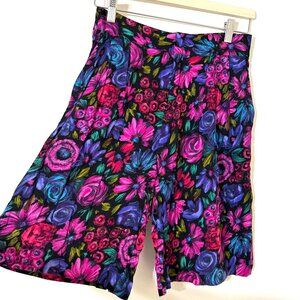 Vtg 80s Floral High Waist Pleated Shorts Elastic Rayon Black Purple Pink Neon
